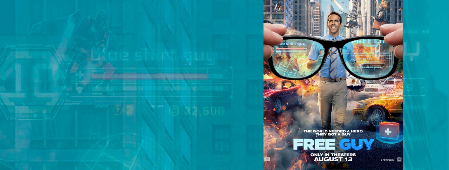 The world needed a hero, they got free guy. Free Guy. Only in theaters. August 13th. Image of Ryan Reynolds walking through rows of cars that are on fire, with two hands holding glasses in front of him.
