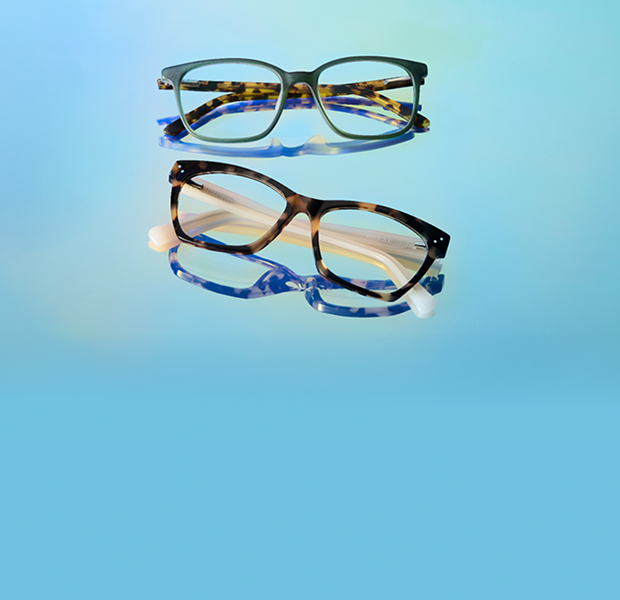 Group of three Zenni eyeglasses on light blue gradient background.