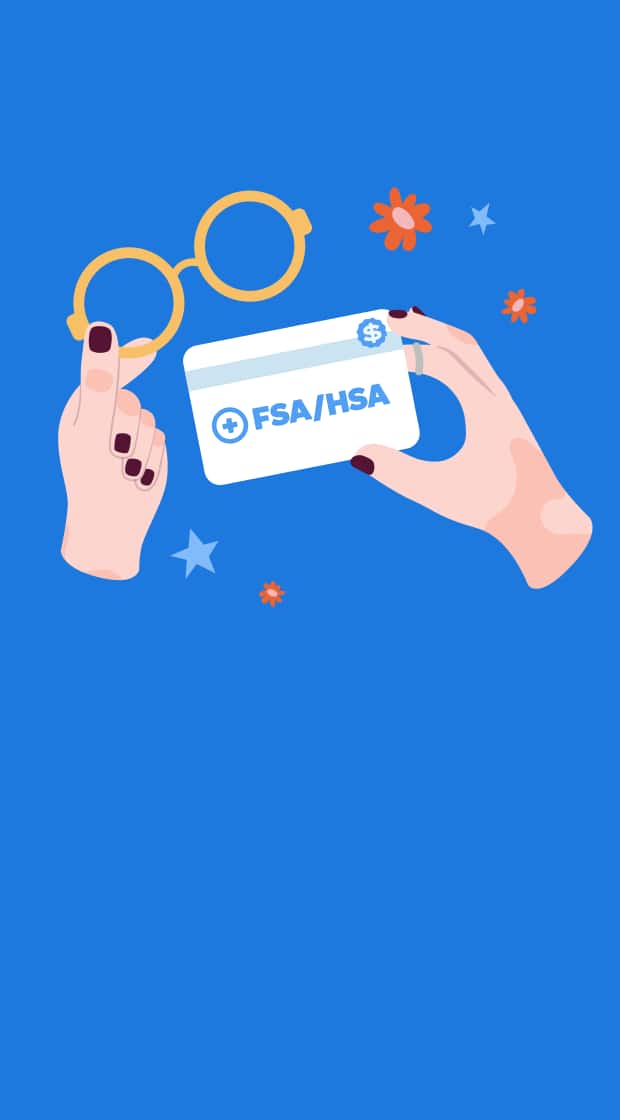 A cartoon illustration on a dark blue background with flower. Two hands hold a white card marked 'FSA/HSA' and a pair of yellow, round-rimmed glasses, suggesting the use of a health spending card for eyewear.