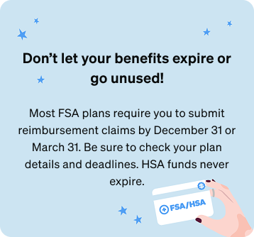 Illustration of a hand holding an FSA/HSA card on a light blue background with stars.