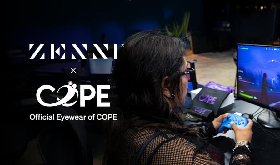 The Zenni logo and the COPE logo (bold text with stylized graphic of parent and young person standing together) placed over a close-up image of a video game professional wearing a pair of COPE-branded gaming glasses.