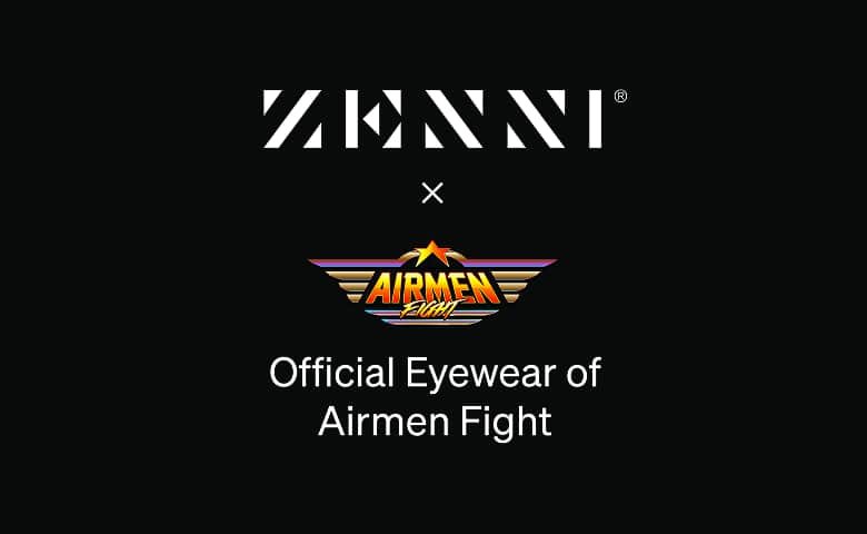 The Zenni logo and the Airmen Fight logo (pilot’s wings with retro stylized Airmen Fight text and a head-on silhouette of a fighter jet) on a black background.