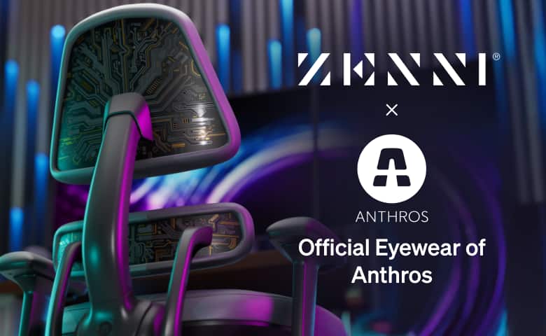 A high-tech gaming set-up featuring a chair with backrest, accompanied by the Zenni and Anthros logos and the text: Official Eyewear of Anthros.