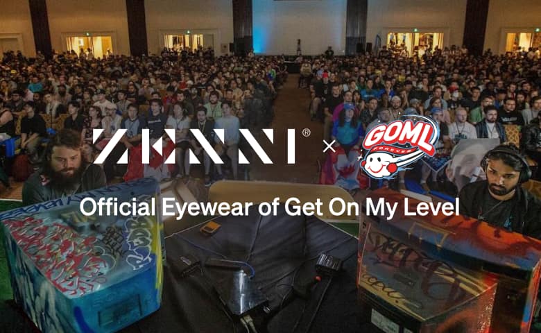 The Zenni logo and the GOML Forever logo (featuring a stylized illustration of their smiling fighter icon) over an image of a crowd watching two professional gamers looking at their decorated computer monitors.