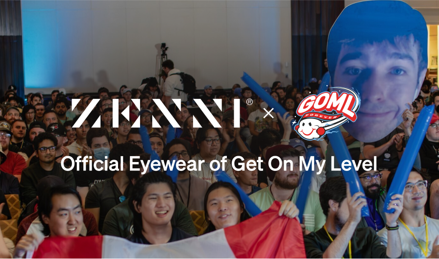 The Zenni logo and the GOML Forever logo (featuring a stylized illustration of their smiling fighter icon) over an image of a video game event crowd watching professional gamers compete.