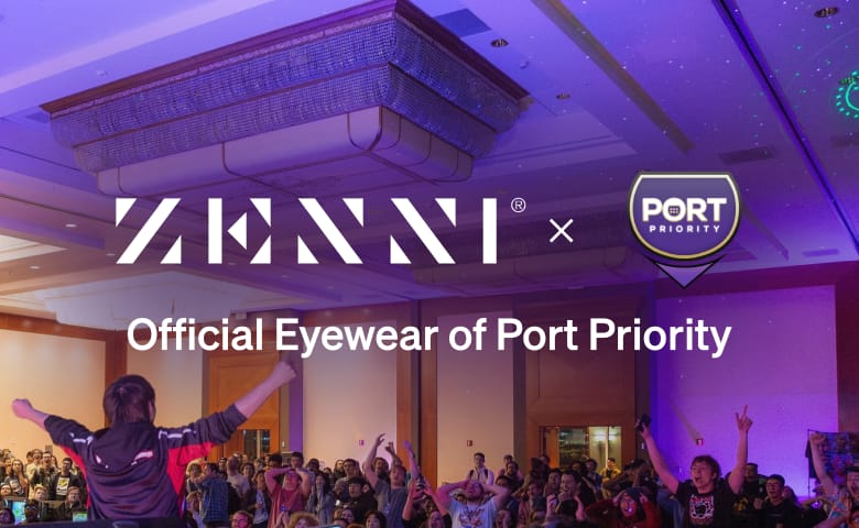 The Zenni logo and the Port Priority logo (featuring a stylized illustration of keyboard icon) over an image of a small crowd reacting to a professional gamer facing them from a stage.