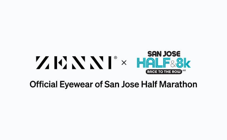 The Zenni logo and the San Jose Half & 8k Marathon logo (sitting atop a subtitle reading Race To The Row) on a white background.