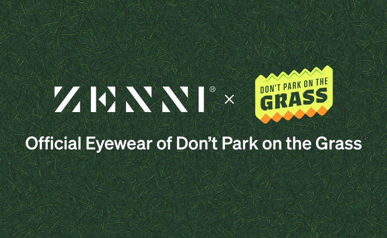 Zenni Optical and Don't Park on the Grass gaming event Logos, featuring white text on a dark green background.