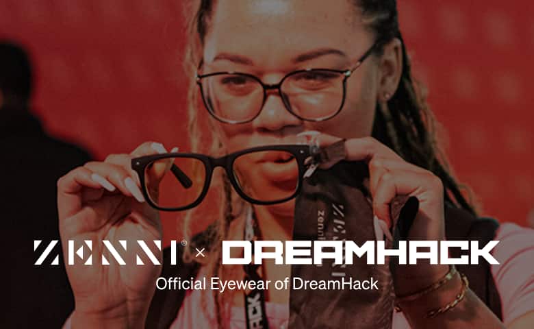Black and white image showing Zenni logo partnered with DreamHack as "Official Eyewear of DreamHack" over a crowded esports arena.