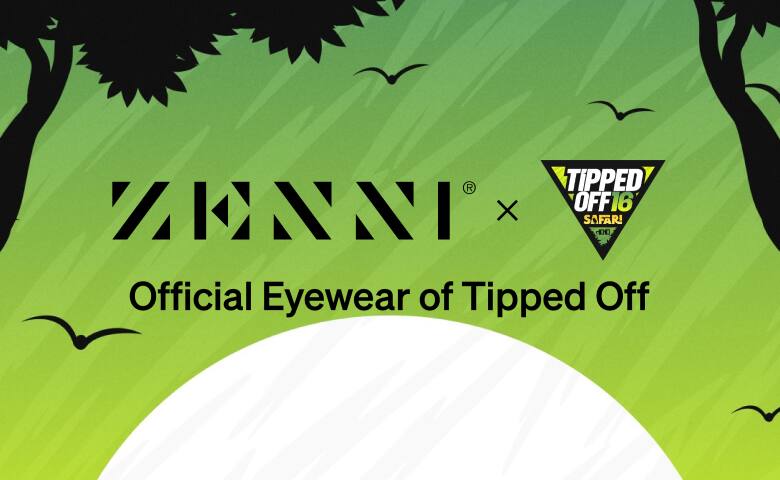 The Zenni logo and the Tipped Off 16 Safari logo (featuring icons of a lion and a pair of stylized glasses) on a gradient green and textured background with a landscape illustration, which includes a rising moon and silhouettes of trees and flying birds.