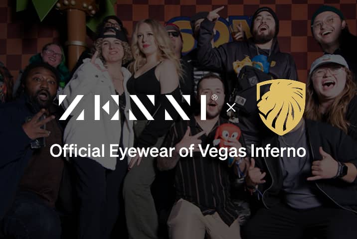 The Zenni logo and the Vegas Inferno logo, featuring its lion shield icon, superimposed over an image of an excited crowd of professional video game competition fans.