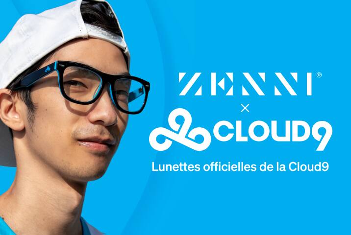 Le logo Zenni et le logo Cloud9 (icône de nuage avec triple 9 stylisé en blanc à côté du nom Cloud9) sur un fond texturé bleu clair, avec l'image d'un homme portant une casquette blanche à l'envers et une paire de lunettes de la marque Cloud9.