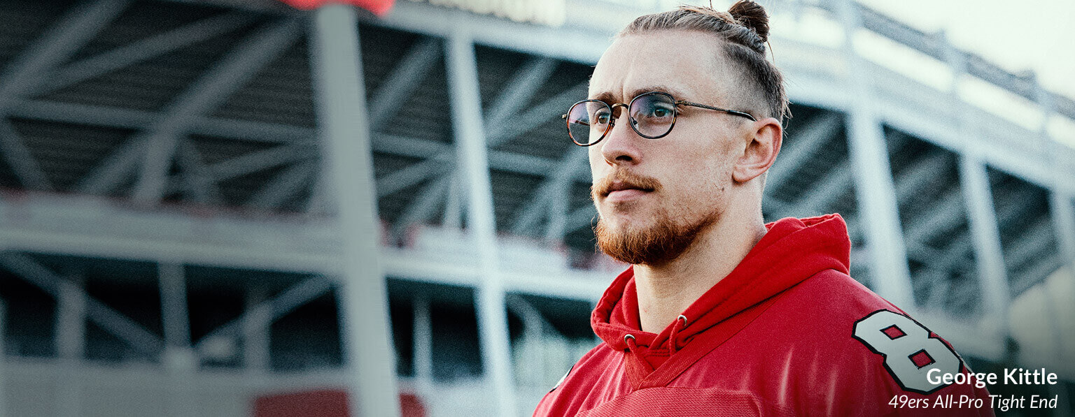 49ers all-pro tight end George Kittle wears round tortoiseshell glasses #7804425 with Zenni Blokz blue blocker lenses.