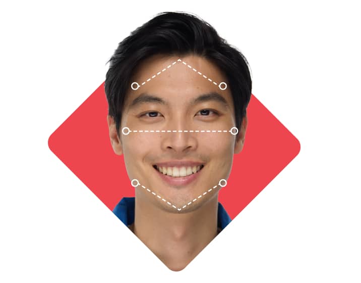 Diagram showing a white dashed outline measuring a diamond face shape on a model.