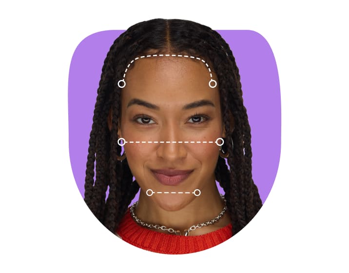 Diagram showing a white dashed outline measuring an oblong face shape on a model.