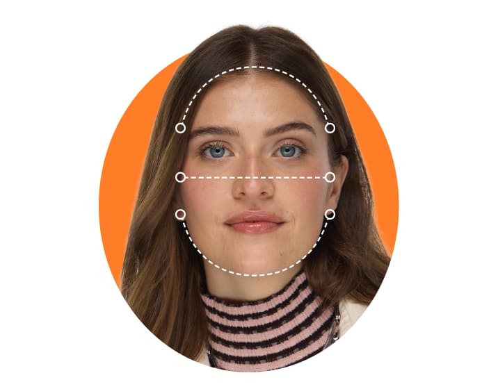 Diagram showing a white dashed outline measuring an oval face shape on a model.