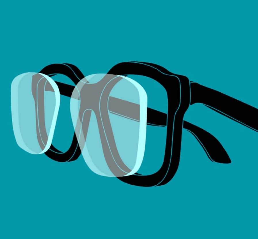 Illustration of glasses with lenses protruding from frame to show thickness.