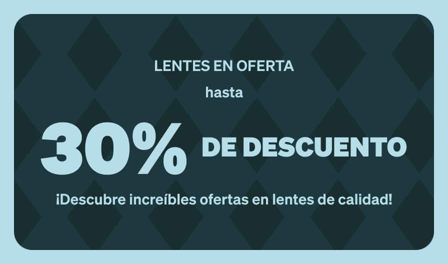 Un afiche promocional de venta con fondo oscuro con un patrón de diamantes color verde azulado oscuro. El texto blanco y azul claro dice 'LENTES A LA VENTA hasta un 30% DE DESCUENTO' seguido de '¡Descubre ofertas asombrosas en lentes de calidad!'