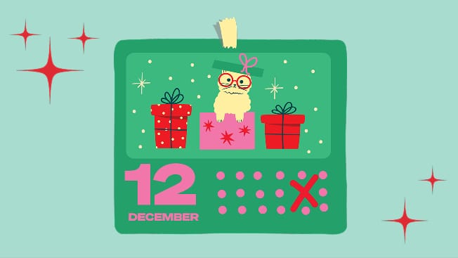Illustration of calendar with gift packages and character wearing glasses on green background