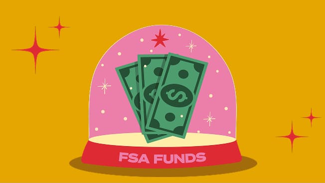 Illustration of snow globe containing dollar bills with FSA Funds banner on golden yellow background