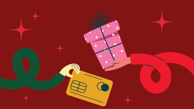 Illustration of gift box and credit card with decorative ribbon on burgundy red background