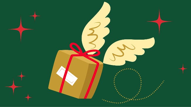 Illustration of gift package with wings flying on dark green background with sparkle effects