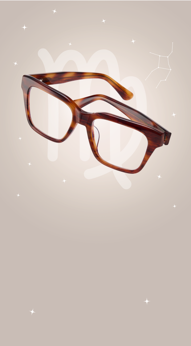 A pair of tortoiseshell square eyeglasses floats against a soft beige background with white sparkles, the Virgo zodiac symbol, and a constellation outline.
