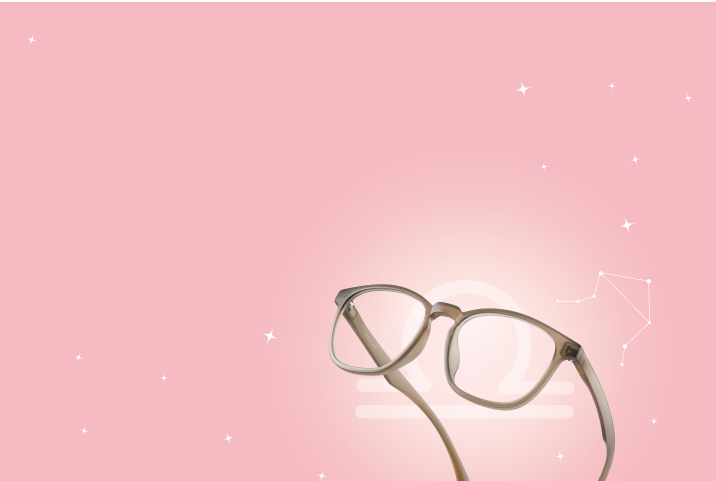 Soft blush-tonedZenni frames on a pink background with Libra symbol and constellation.