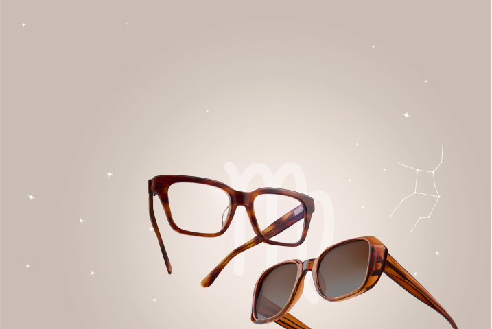 Two Virgo-themed glasses—a pair of tortoiseshell square eyeglasses and a matching amber-tinted square sunglasses—hover over a soft beige background with star illustrations and a Virgo symbol.