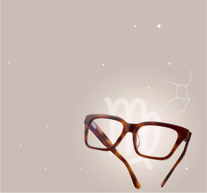 A pair of tortoiseshell square eyeglasses floats against a soft beige background with white sparkles, the Virgo zodiac symbol, and a constellation outline.