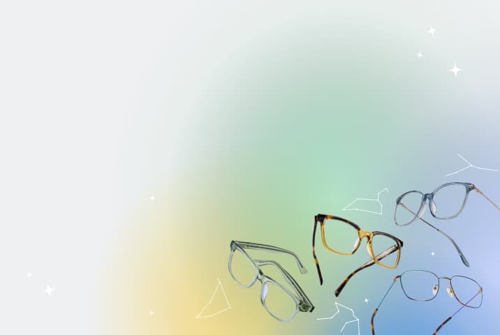 Four Zenni glasses floating on a cosmic gradient background.