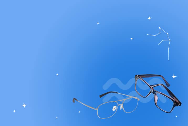 Two Zenni eyeglass frames on a medium blue backdrop with Aquarius symbol and constellation.