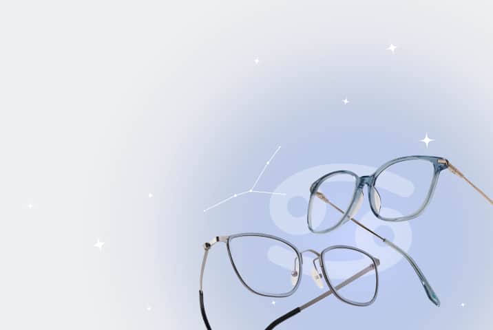 Blue and gray Zenni frames on a gray periwinkle background with Cancer symbol and constellation.