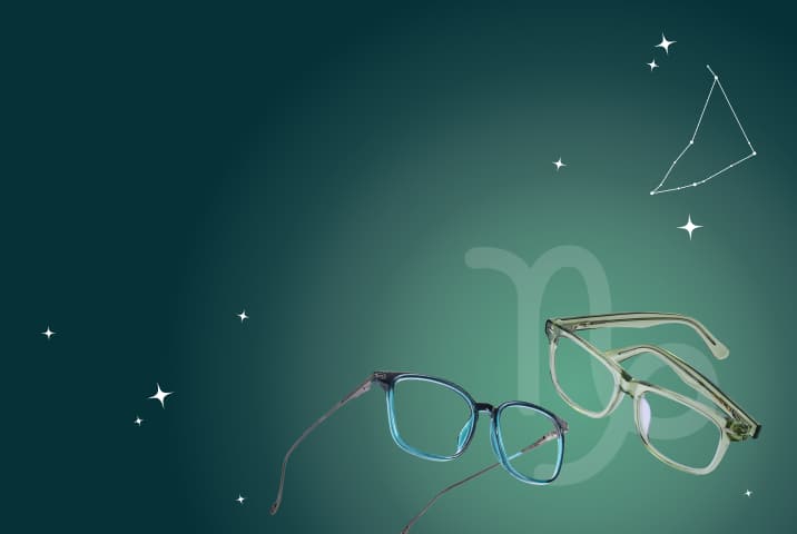 Two Zenni eyeglass frames on a dark green background with Capricorn symbol and constellation.