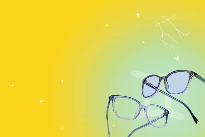 Transparent and gray Zenni frames on a yellow and green background with Gemini symbol and constellation.