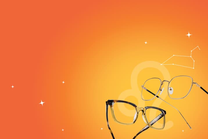 Gold metal and tortoiseshell Zenni frames on a radiant orange background with Leo symbol and constellation.