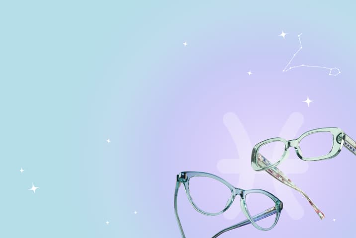 Transparent Zenni frames on a pastel blue and lavender background with Pisces symbol and constellation.