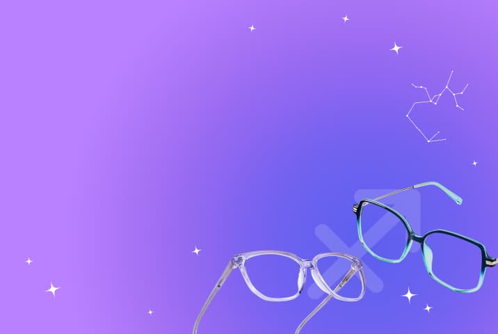 Two bold Zenni eyeglass styles on a purple backdrop with Sagittarius symbol and constellation.