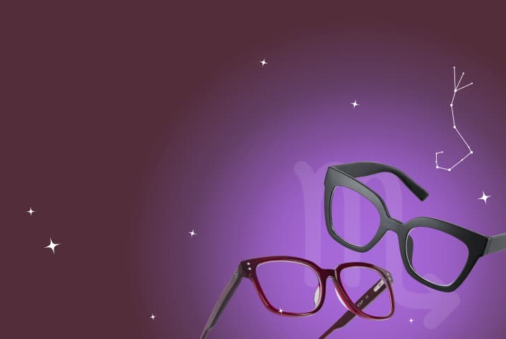 Black and burgundy Zenni frames on a rich purple background with Scorpio symbol and constellation.