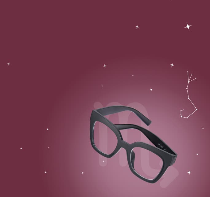 Black rectangular glasses floating on a burgundy background with stars, the Scorpio zodiac symbol, and constellation.