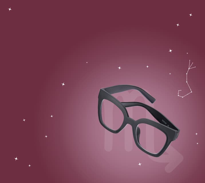 Black rectangular glasses floating on a burgundy background with stars, the Scorpio zodiac symbol, and constellation.