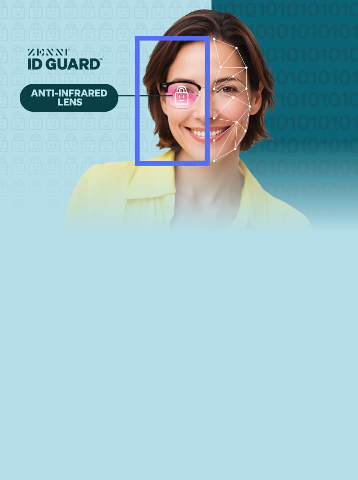 Split image showing facial tracking on one side and Zenni ID Guard anti-infrared lens blocking detection on the other.