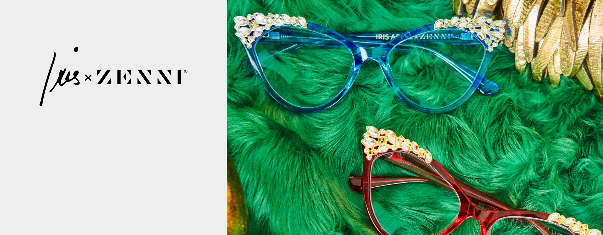 A close-up image of two pairs of Iris Apfel x Zenni glasses on a green faux fur background.