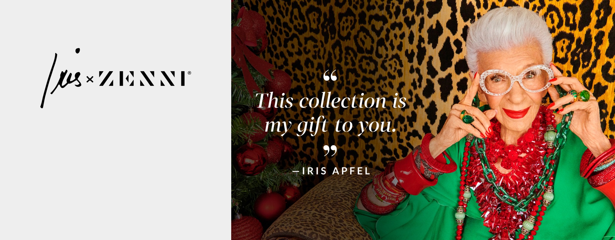 An image of Iris Apfel wearing Zenni glasses with the quote ‘this collection is my gift to you.