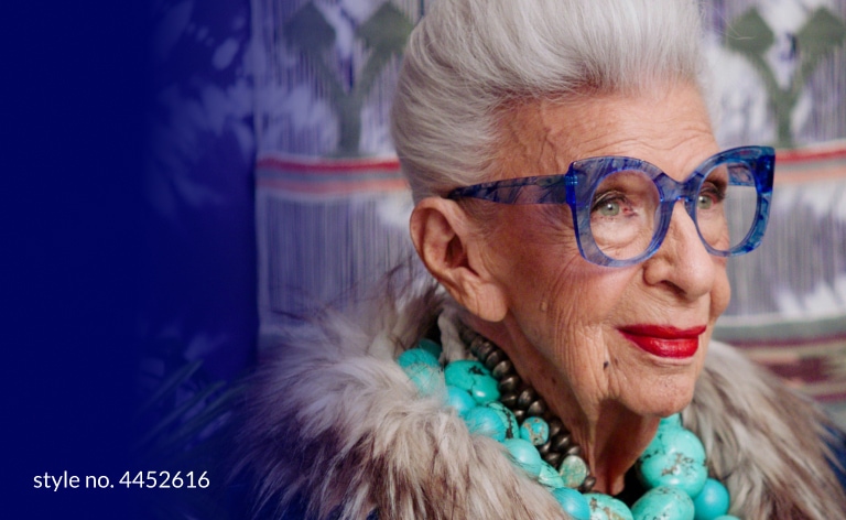 Iris on Zenni. The fashion maverick breaks it down. Watch now. Image of Iris Apfel standing in profile wearing Zenni what’s new pussycat cat-eye glasses #44526.