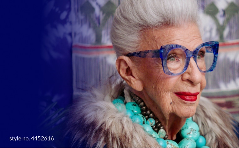 Iris on Zenni. The fashion maverick breaks it down. Watch now. Image of Iris Apfel standing in profile wearing Zenni what’s new pussycat cat-eye glasses #44526.