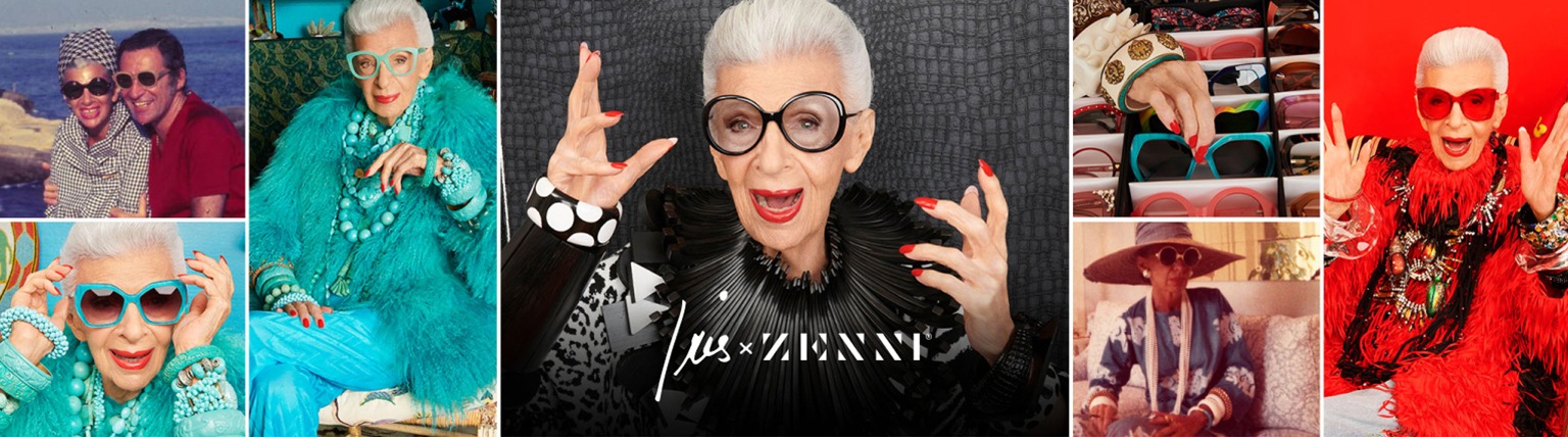 Iris and Zenni. Image of a collection of pictures of Iris Apfel wearing fabulous glasses over the years.