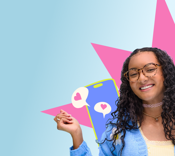 A girl with long curly hair wearing round tortoiseshell kid’s glasses, next to an illustration of a smartphone with hearts in message bubbles. Background is blue and features a pink starburst shape.