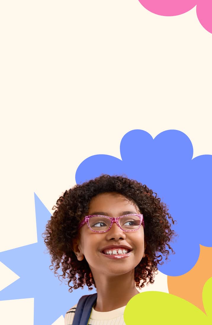 A girl with curly hair wearing pink glittery glasses, on a background featuring colorful shapes in pink, blue, green, and orange.