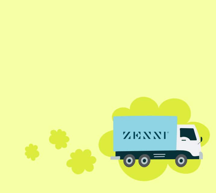 Illustrated image of a Zenni delivery truck on a green background with clouds.